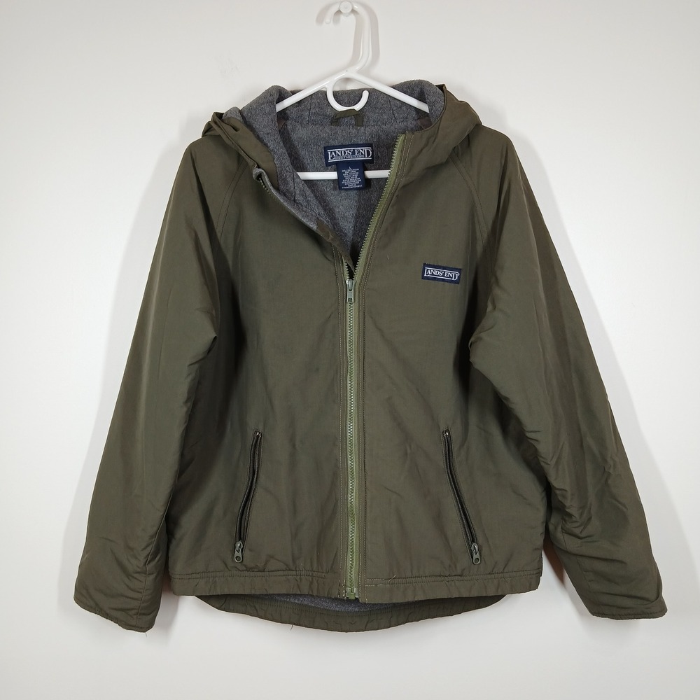 Lands End Jacket Boys Large Green Nylon Hooded Zip Outdoor Gorpcore